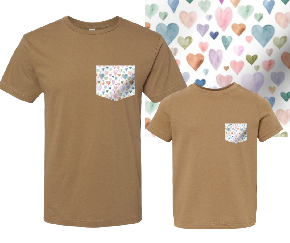 Latte Watercolor Hearts Pocket Tee