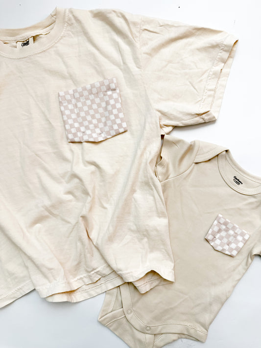 Mommy & Me Pocket Tees, Beige Checkered